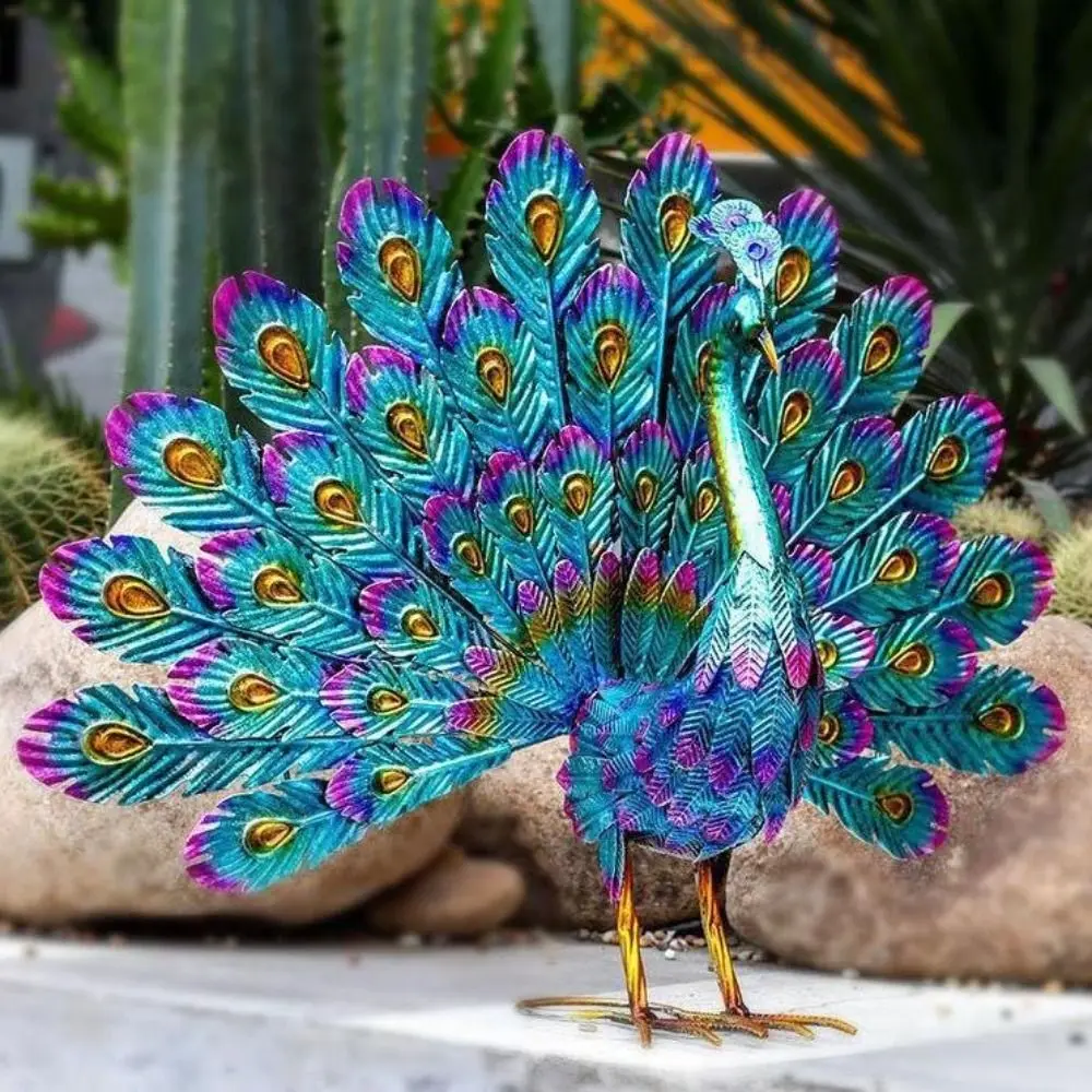 

Iron Art Simulation Peacock Sculpture Cute Crafts Open Screen Peacock Statue Detachable Animal Miniatures Figurine Park