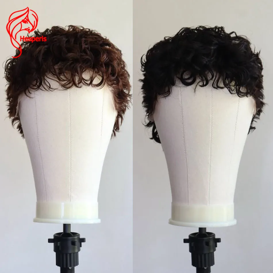 Hesperis Pixie Cut Full Lace Wig For Men Brown Brazilian Remy Short Human Hair Wig With Bangs Cool Boy Lace Bang Wigs Pre Styled