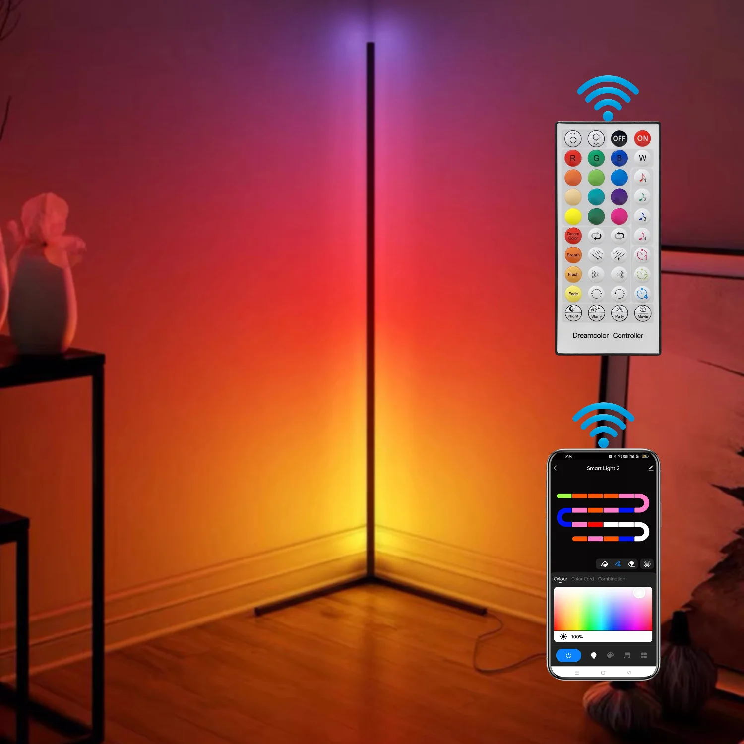 160cm/63in Smart Tuya Corner Floor Lamp Dimmable RGB LED Interior Mood Lighting Alexa Stand Light for Bedroom Living Room Decor