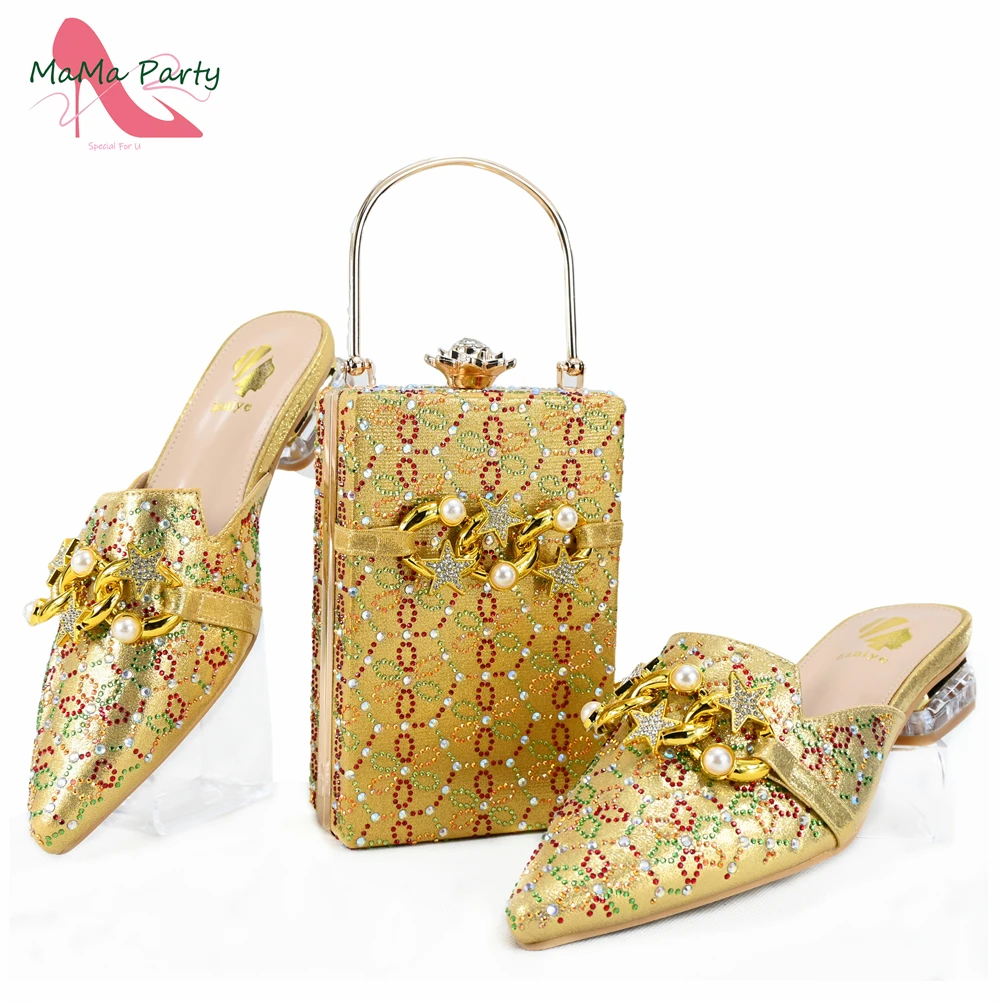 Gold Color Special Mature African Women Shoes and Bag Pointed Toe Comfortable Heels with Shinning Crystal for Wedding Party