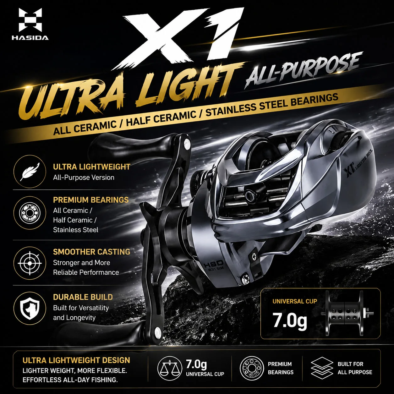 HASIDA X1 Baitcasting Angelrolle 162g Voll-Keramik Halb-Keramik, Edelstahl-Kugellager AT7 Aluminium-Spule