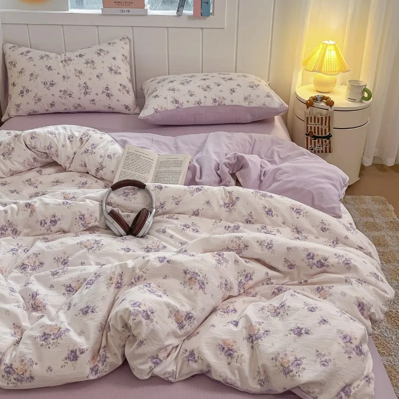 

2025 new double-layer yarn printing four-piece set, student dormitory three-piece set, bed sheet quilt cover, bedding