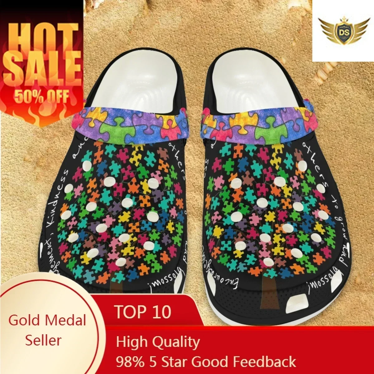 

Fashion Women's Clogs Slippers Hole Shoes Summer Outdoor Autism Awareness Design Casual Flat Walking Shoes Beach Adult Sandals