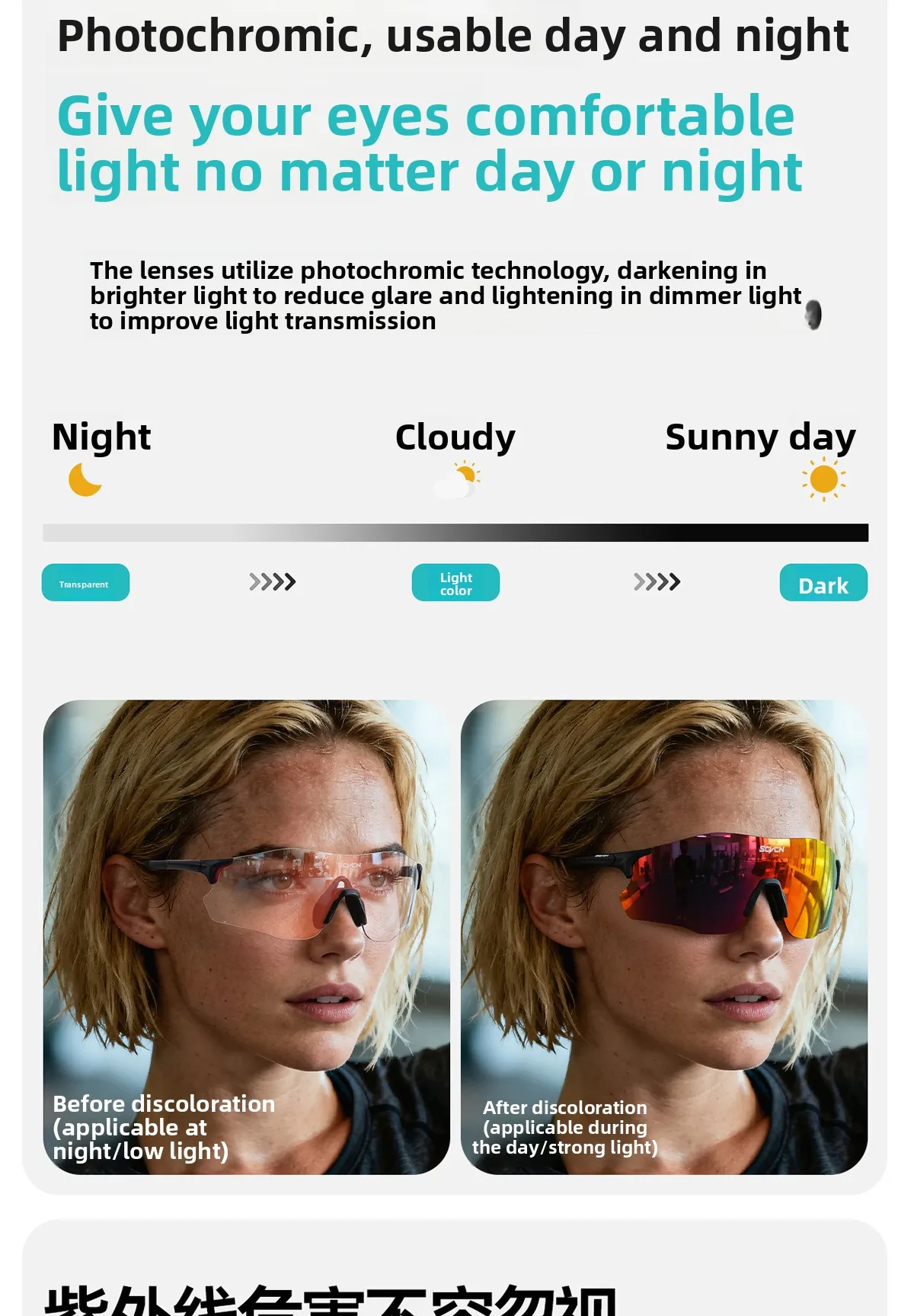 SCVCN Laufbrille, leicht, lichtempfindlich, farbwechselnd, für Tag und Nacht, Dual-Use, für Laufen, Marathon, Wandern, winddichte Schutzbrille – Detail 6