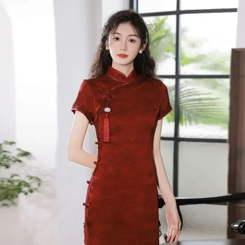 

Wine Red Qipao Cheongsam 2023 Chinese Dress Women Classic Mandarin Collar Bridal Evening Party Gown Young Girls Long Dress