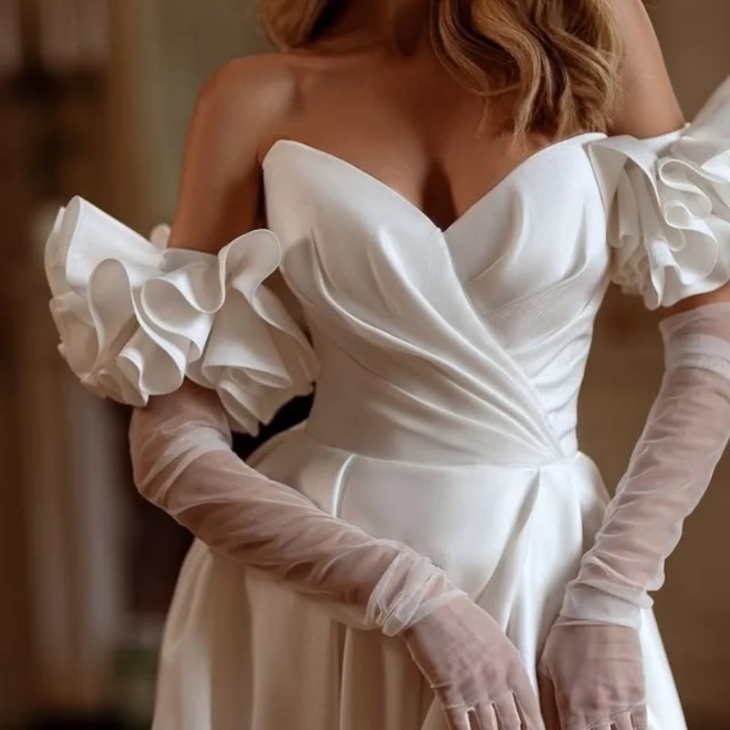 

satin ivory white Appliques Wedding Dresses Sequin flower vent off-shoulder Bridal Gowns Made Customized