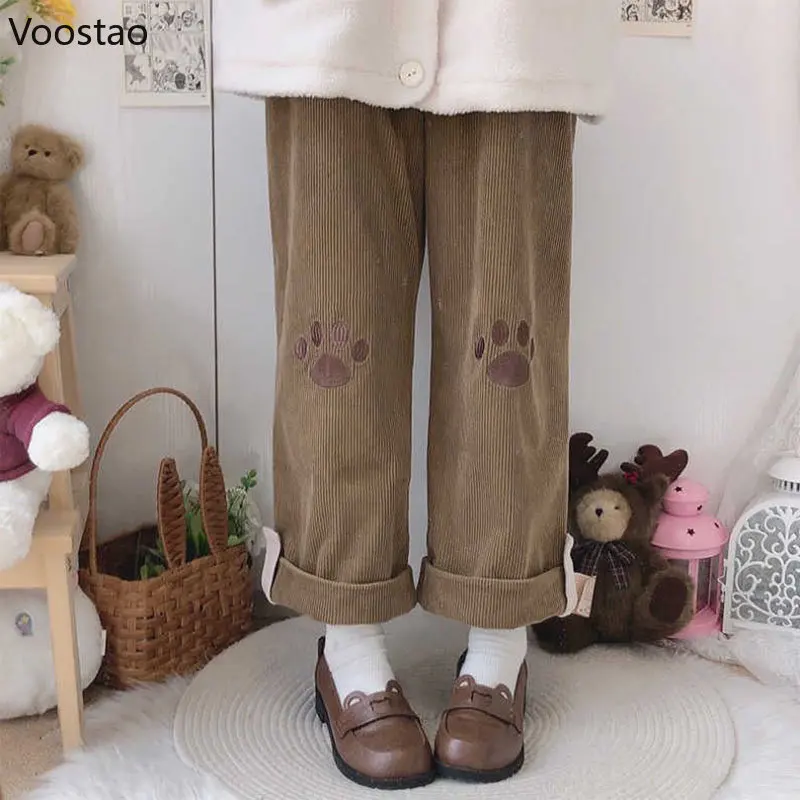 

Kawaii Cat Paw Wide Leg Pants Girls Brown Spring Corduroy High Waist Lolita Cute Embroidery Pants Women Black Casual Trousers