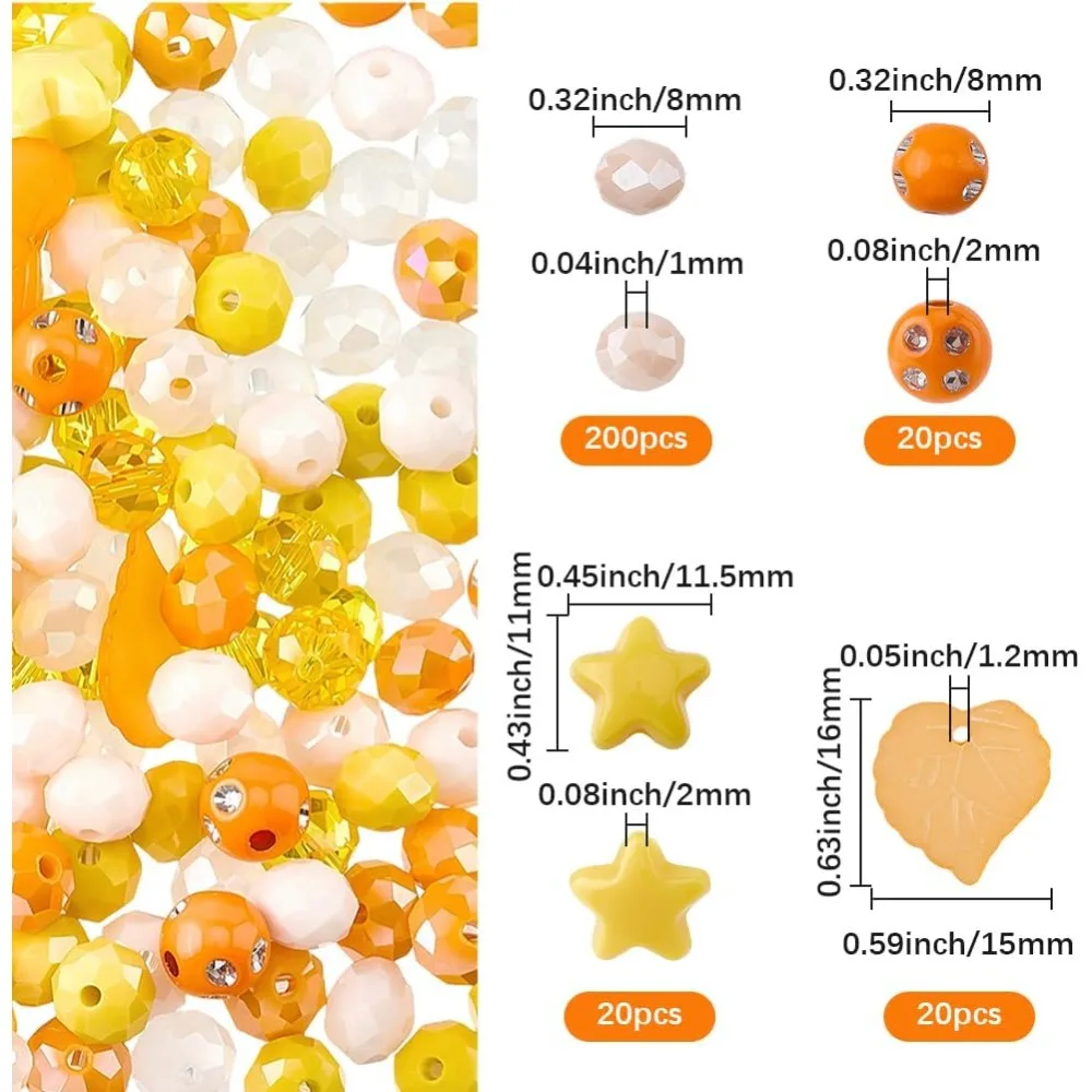 260PCS Orange Thanksgiving Themed Beads Fall Autumn Pony Leaf Round Star Rondelle Assorted Spacer Loose Bead Charm Bulk