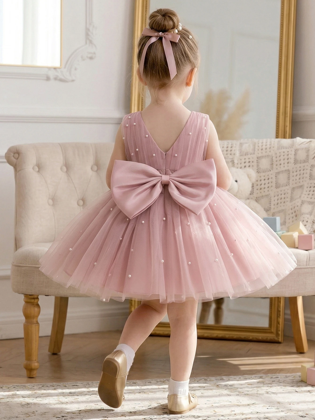 Young Girl Pink Pearl Bowknot Decorated Net Party Dress,Birthday Party,Princess Dress,Banquet,Stage Performance,Daily Wear