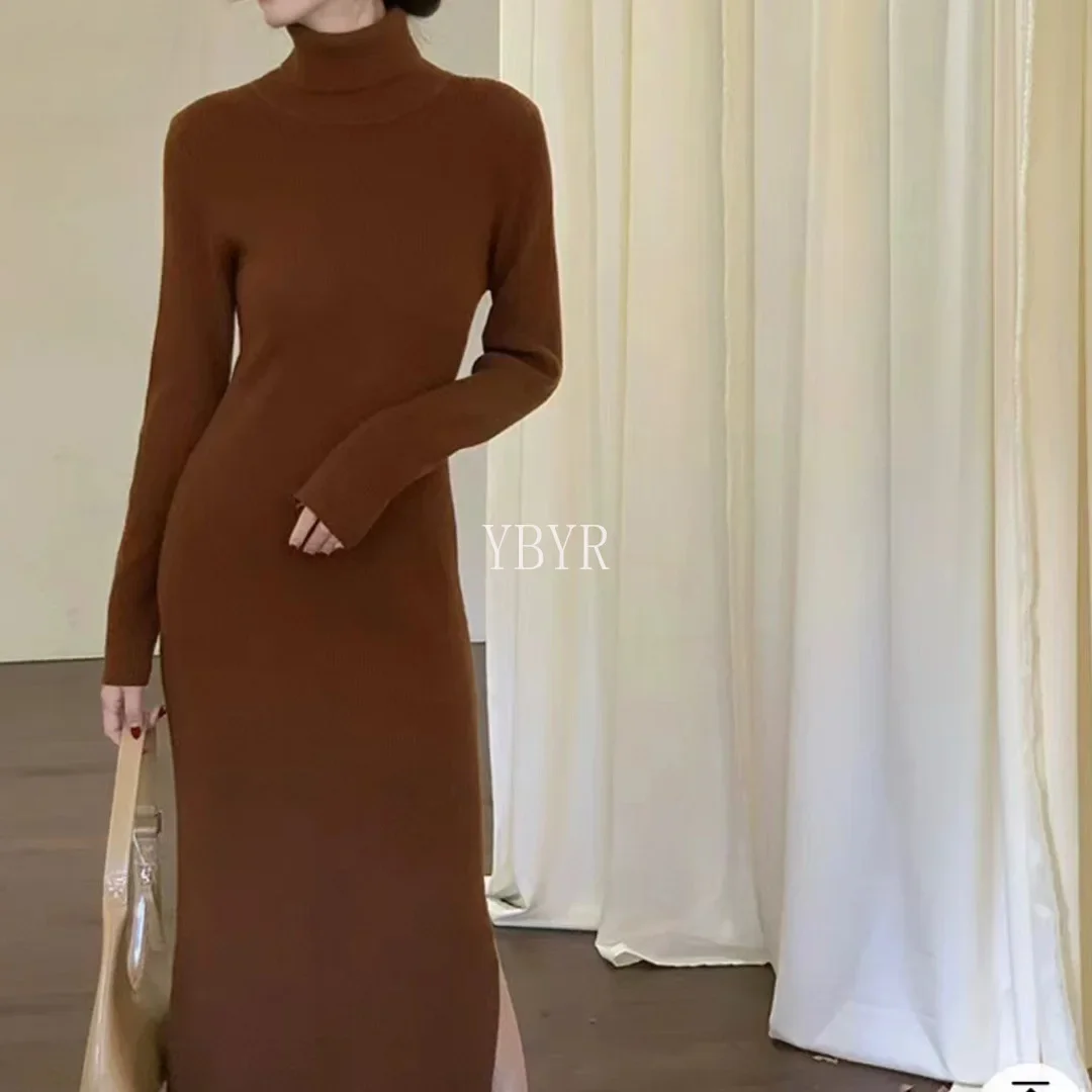 Female Semi-high Neck Solid Color Pit Stripes Long Section Sweater Dress Autumn and Winter New Slim Bottoming Knitted Dress