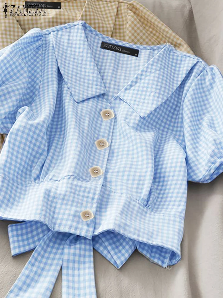 

ZANZEA Womens Elegant Gingham Tied-Back Blouses Fashion Short Puff Sleeve Turn-Down Collar Button Up Shirts Summer Crop Tops