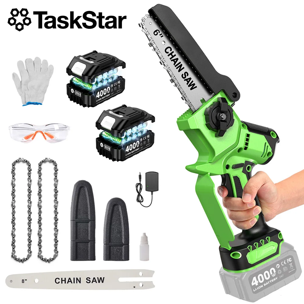 TaskStar Brushless Electric Chainsaw 6&8 Inch Handheld Cordless Pruning Saw with 2 4000mAh Batteries Manual Oil Supply Garden Power Tools For Wood Cutting Tree Trimming