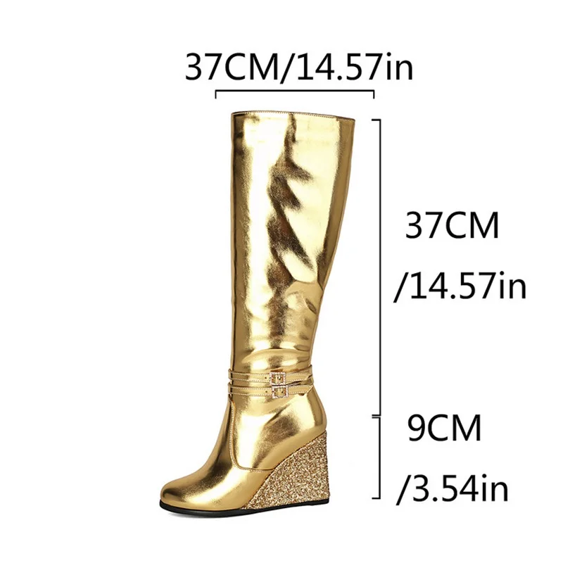 REAVE CAT Fashion Women Knee Boots 10cm Wedge Heel Zipper Party Small Big Size 33 43 Black White Silver Gold Party Round Toe - view 5