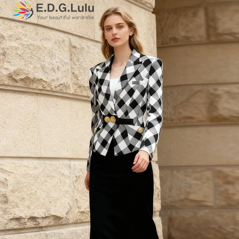 

EDGLuLu 2025 осенний маленький костюм в стиле ретро с клетчатым принтом, женский пиджак высокого качества, офисная модная повседневная куртка для женщин 1031