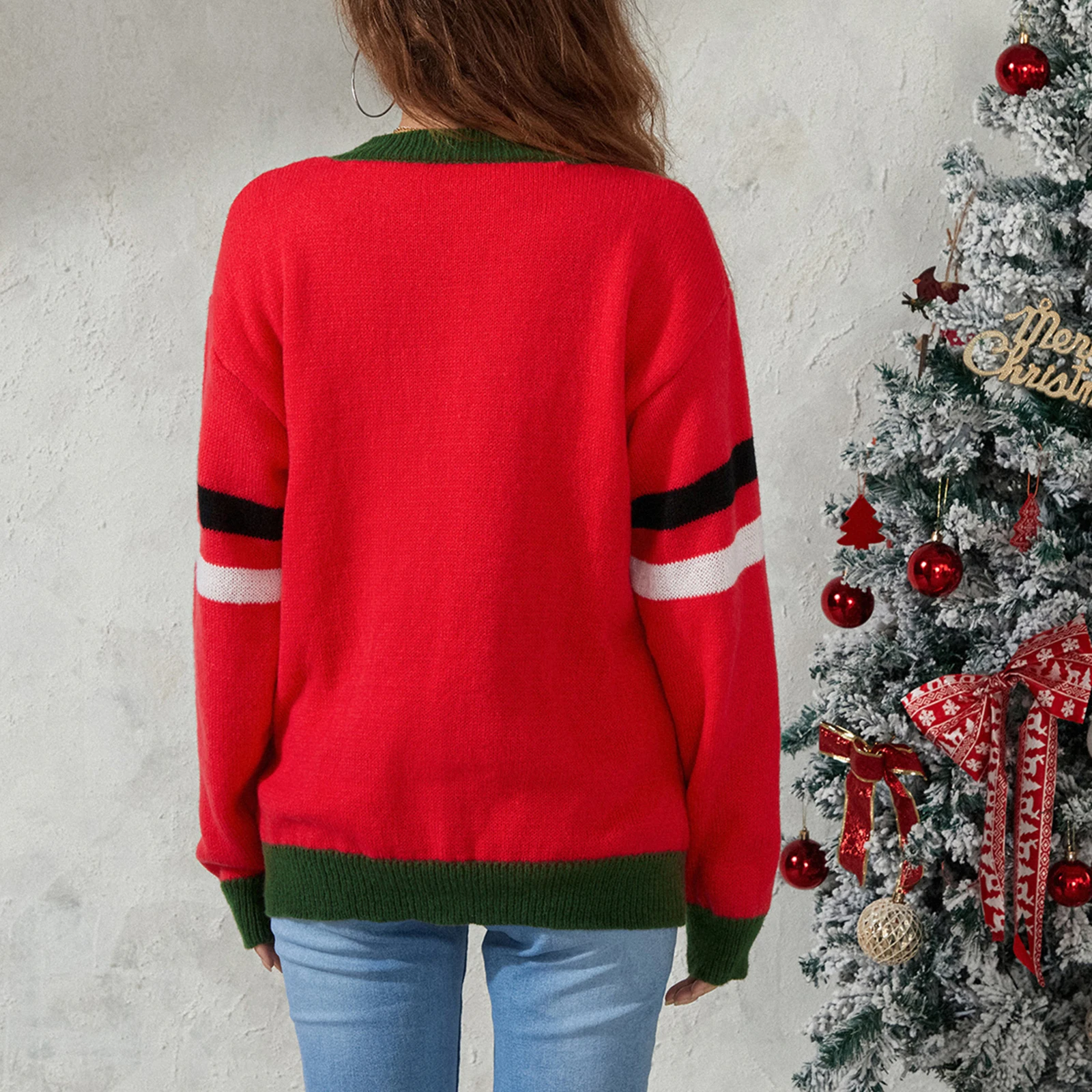 Women's Christmas Sweater Crew Neck Long Sleeve Cartoon Santa Print Pullover Autumn Winter Casual Jumper Top Xmas Clothes