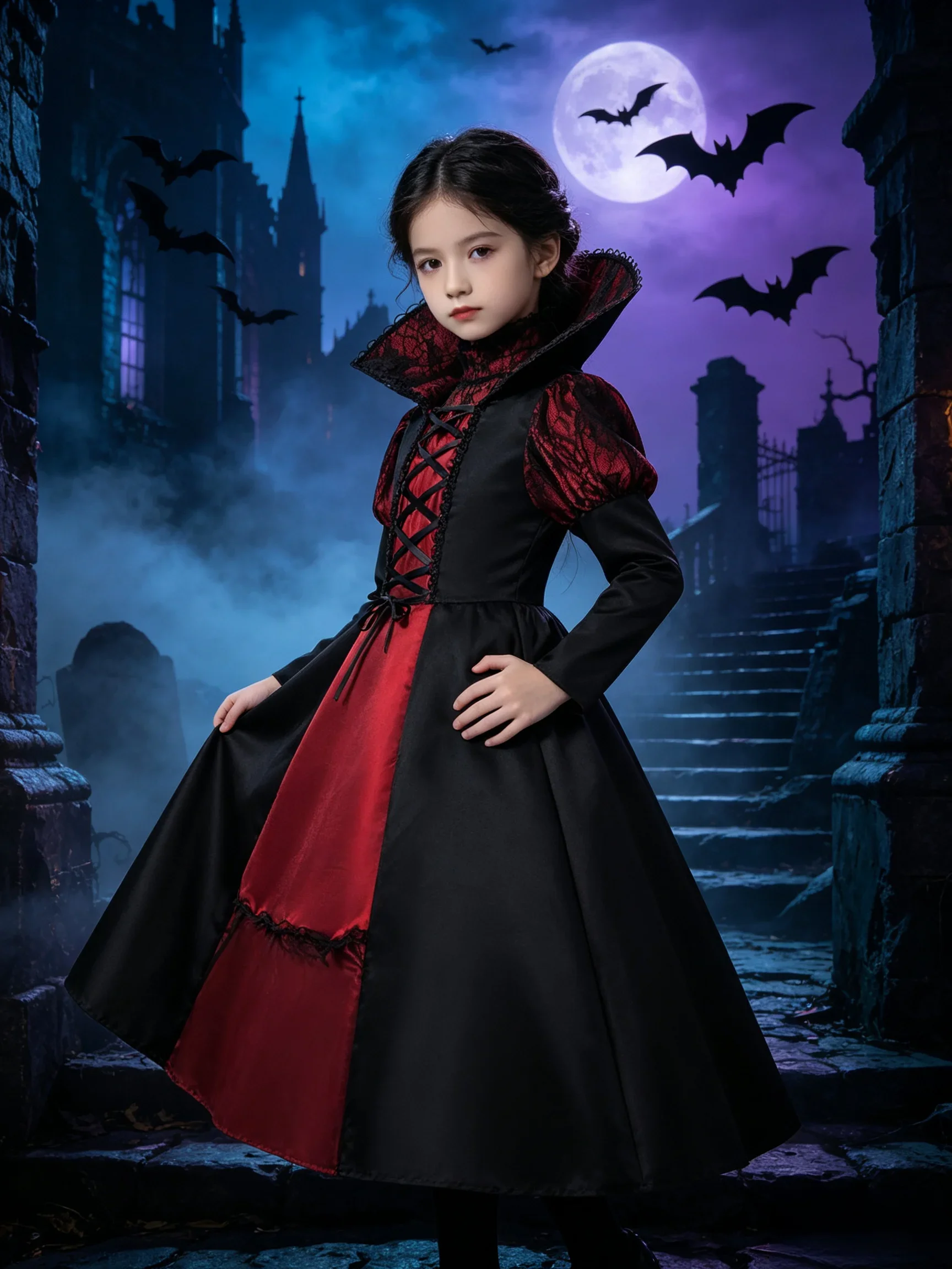 Mädchen Cosplay Kostüm Kleid Kinder Gothic Vampir Rollenspiel Outfit Schwarzes Rotes Satinkleid für Halloween Verkleidungsparty – Detail 8