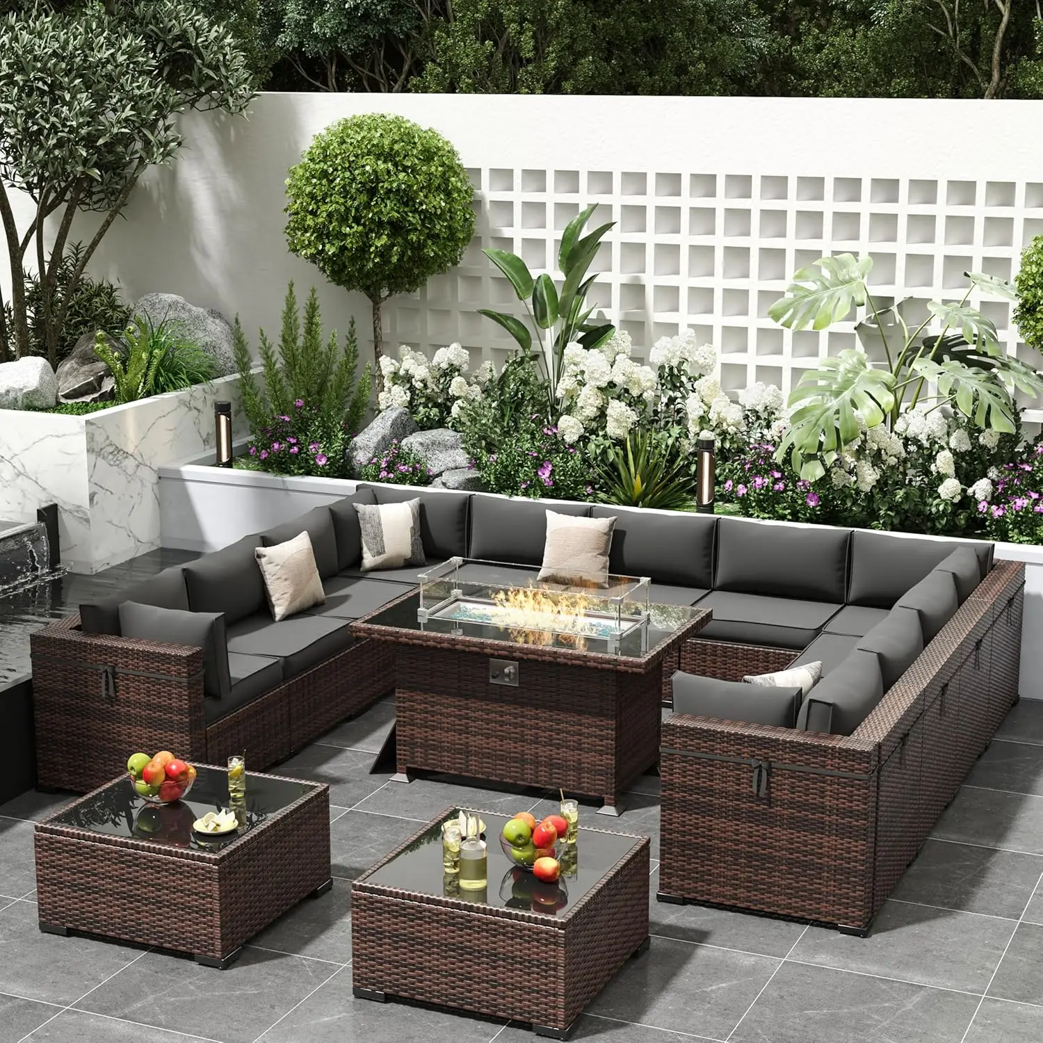 

Outdoor Patio Furniture Set with Gas Fire Pit Table Patio PE Wicker Pit Sectional Sofa, Glass Gas Fire Patio Sectional Furniture