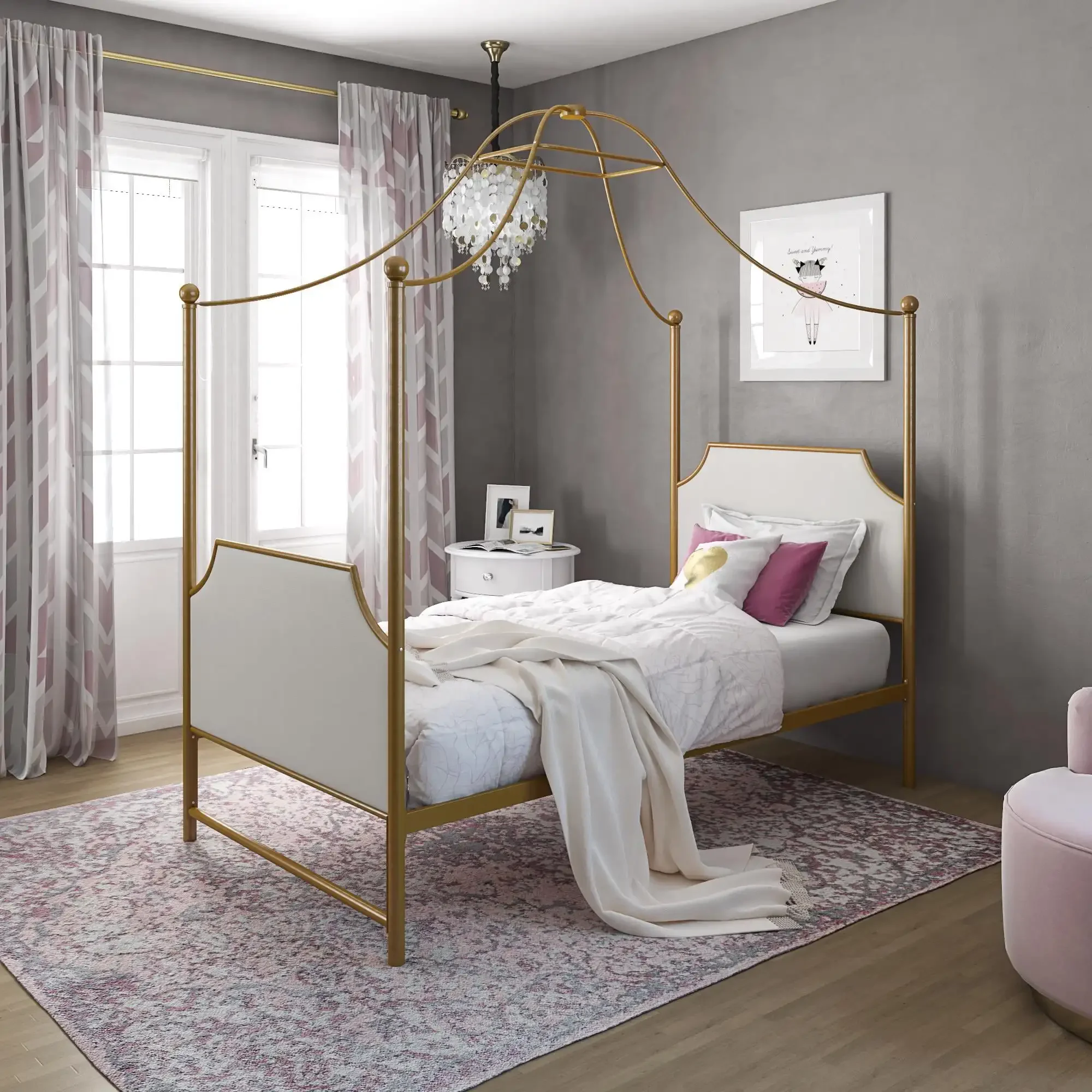 -Monarch Hill Clementine Canopy Bed Twin Size Frame Gold Sturdy Gilded Metal Canopy Bed Frame White Linen Upholstered Head
