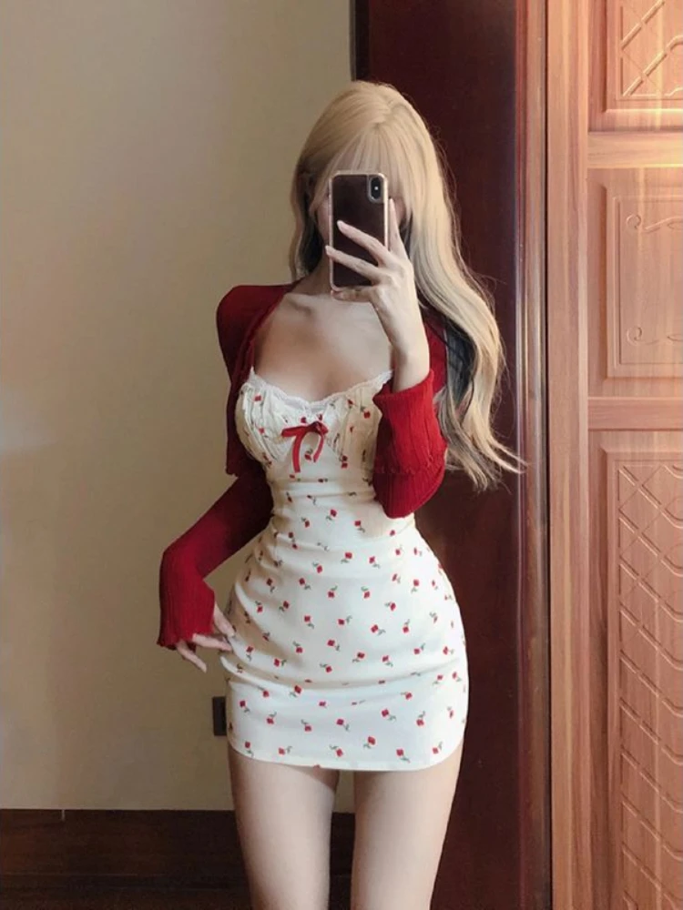 Korean 2 Piece Dress Sets Women Casual Knitted Short Cardigan + Outwear Elegant Sweet Floral Strap Mini Dress Chic 2024 Spring