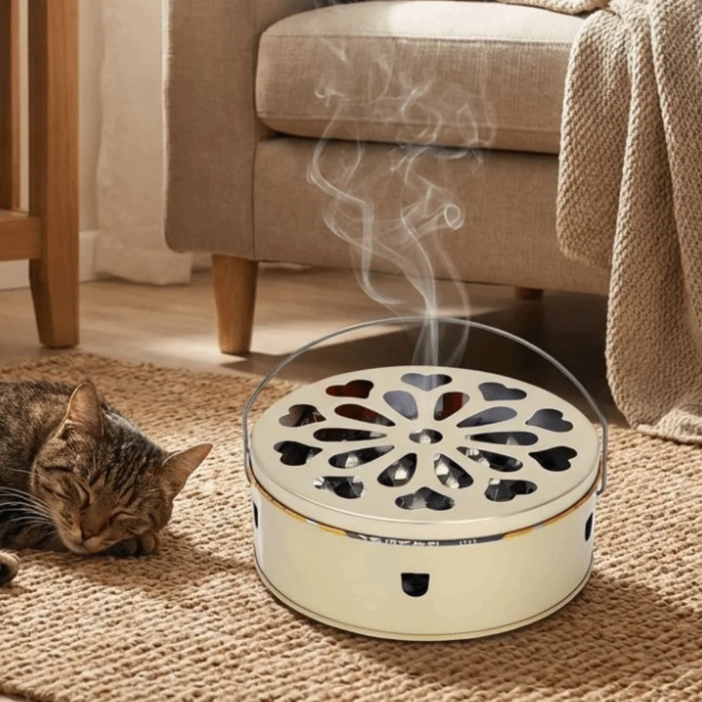 

Hollow Out Mosquito Coil Holder with Handle Lid Heat-Resistant Insect Repellent Tray Rustproof Iron Sandalwood Box