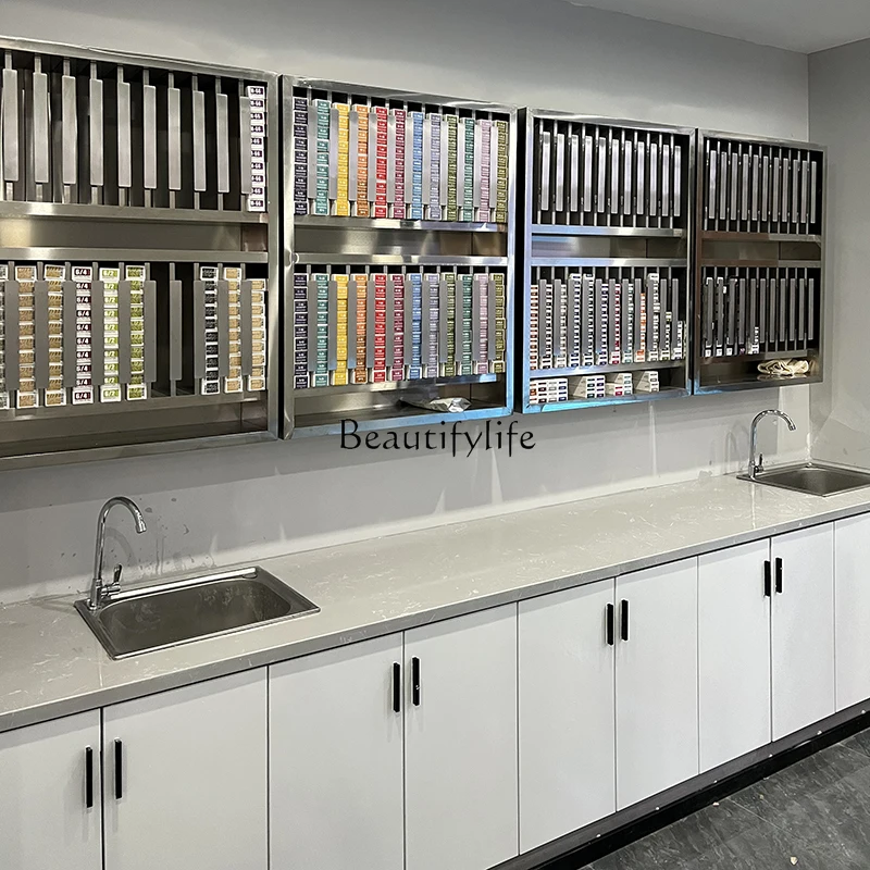 Armário de armazenamento de salão de beleza em aço inoxidável, barbeiro, rack de exibição especial de creme de tintura de cabelo