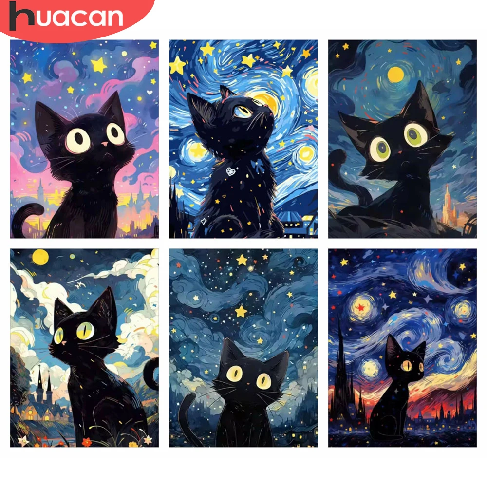 HUACAN Diamant-Gemälde, schwarze Katze, Tier-Mosaik, Sternenhimmel, komplettes Set, Bild für Heimdekoration, komplett, quadratisch, rund, zum Selbermachen