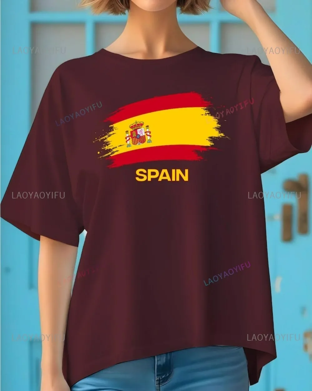 Bawełniana koszulka z nadrukiem flagi Hiszpanii Piłka nożna Dziecko Patriotyczny motyw Trend Kreatywny styl uszkodzeń Ręcznie rysowany styl artystyczny