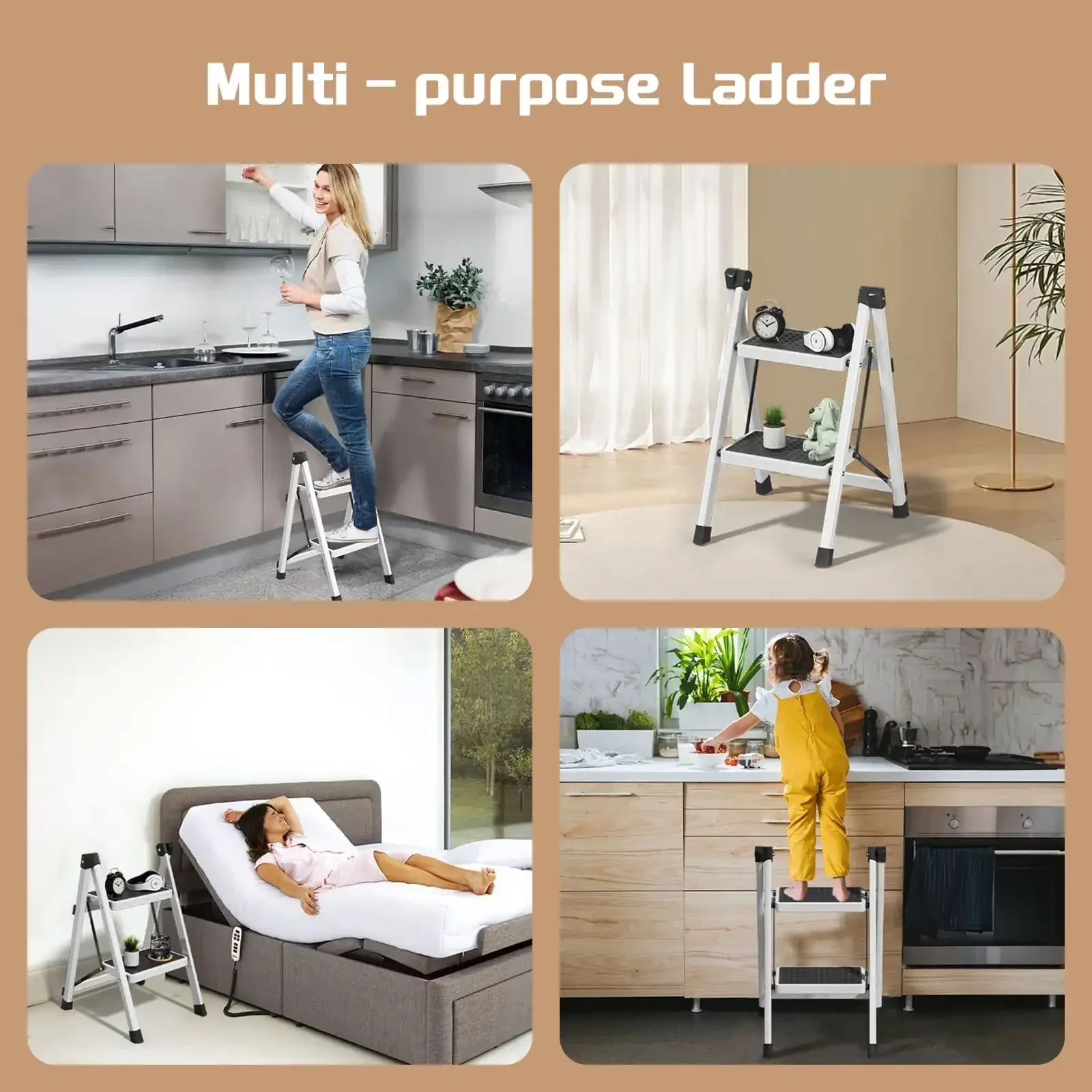 2 Step Ladder, Adult Folding Step Stool, 330 lbs Weight Capacity, Portable Lightweight Sturdy Steel Ladder, Wide Non-slip Steps