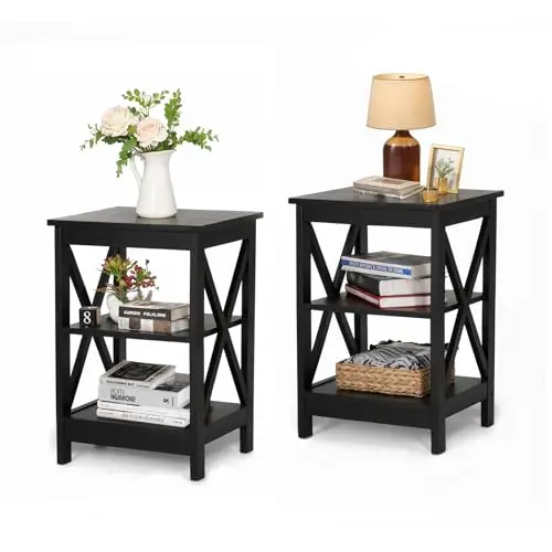 Black End Tables Living Room Set of 2, Farmhouse Side Table | Black Wood Bedside Tables Living Room, Rustic Nightstand