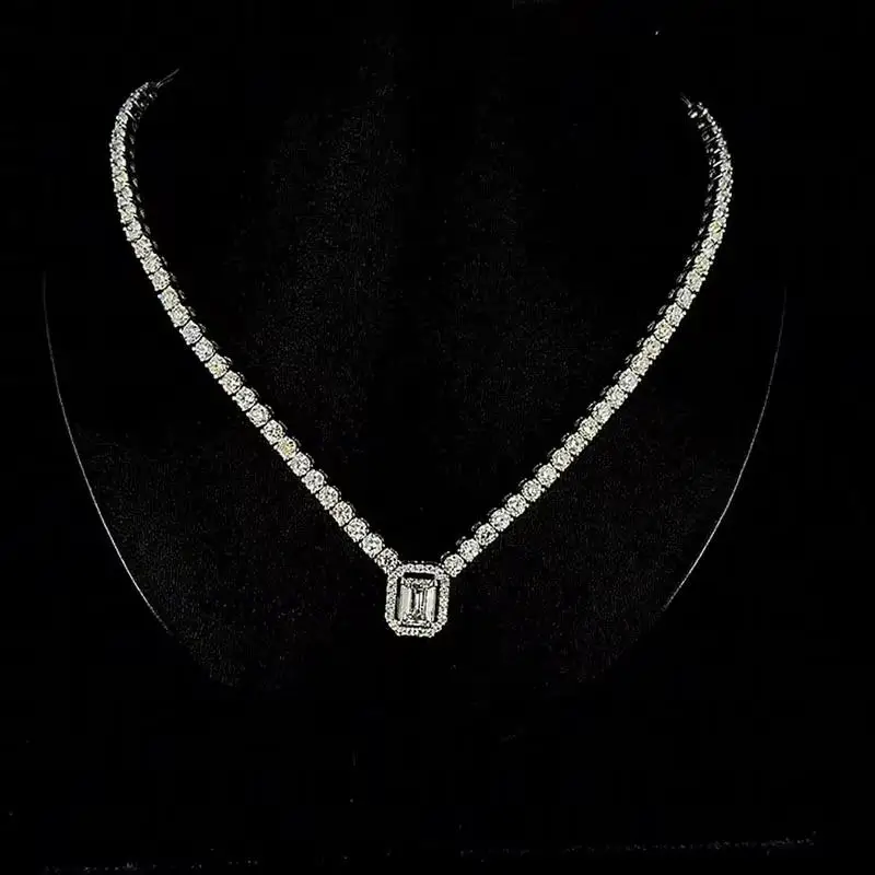 7.51CTW DEF / VS VVS IGI Certified Emerald And Round Cut Lab Grown Diamond Necklace 14K Gold Luxury Full Diamond Necklace