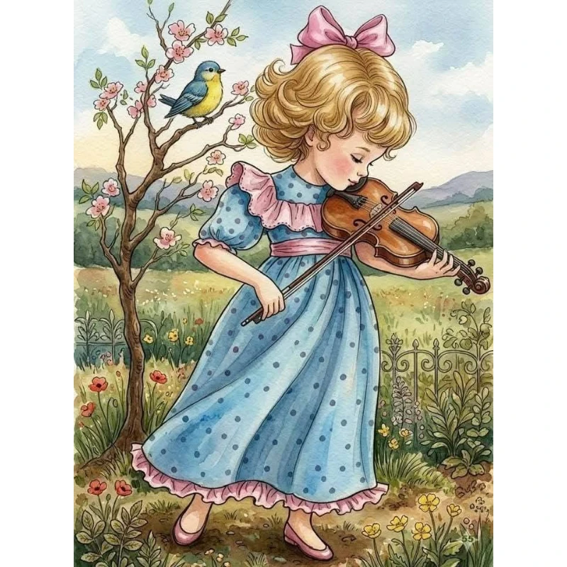 DIY Little MaidenPlaying Violin Cherry Blossom Garden Art Diamond Painting Mosaic Handmade Art Exquisite Home Decoration