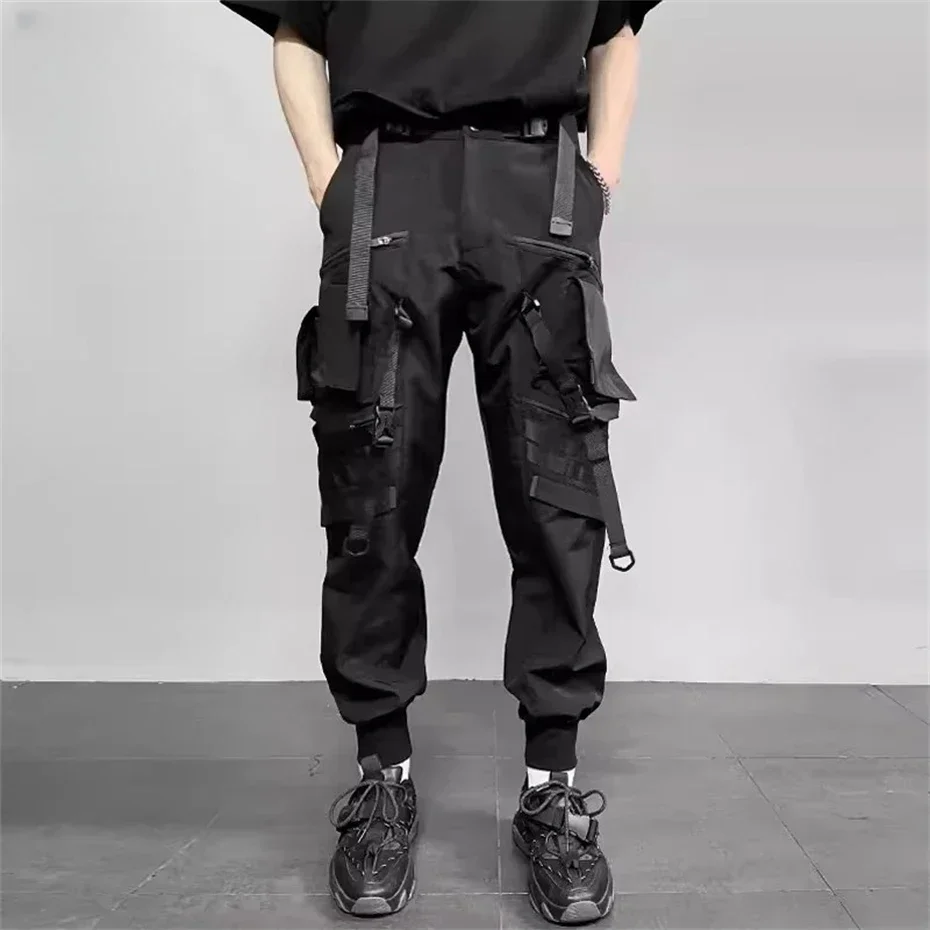 Pantalones Cargo tácticos de Hip Hop para hombre, pantalones para correr con cintas, cintura elástica funcional, ropa de calle a la moda, primavera 2025