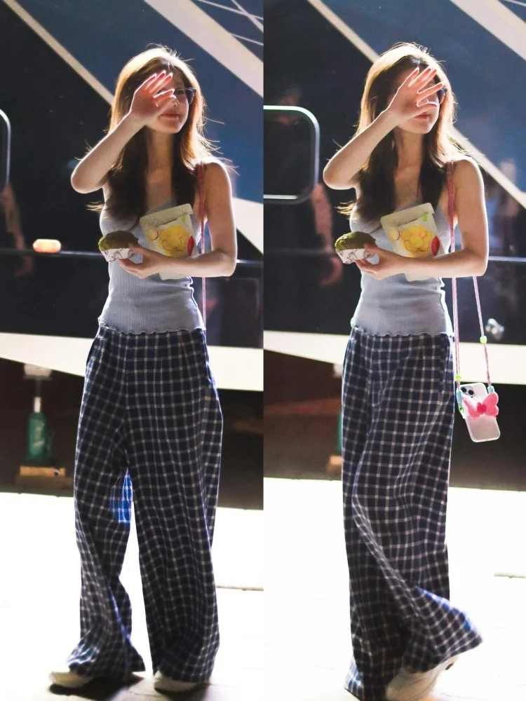 

Женские летние брюки Ele Plaid в клетку, свободные, широкие, повседневные, с высокой талией, длинные, в корейском стиле, синие