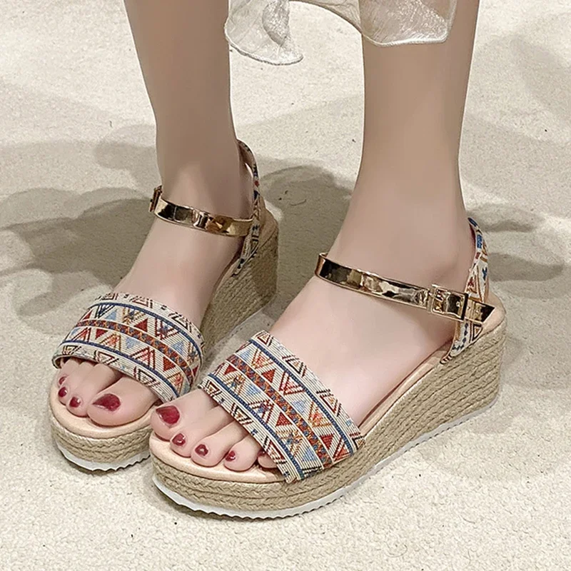 

Women's Sandals Bohemian Champagne Platform Shoes for Women Fashion Buckle Wedge Sandal Summer Thick Bottom Open Toe Sandalias
