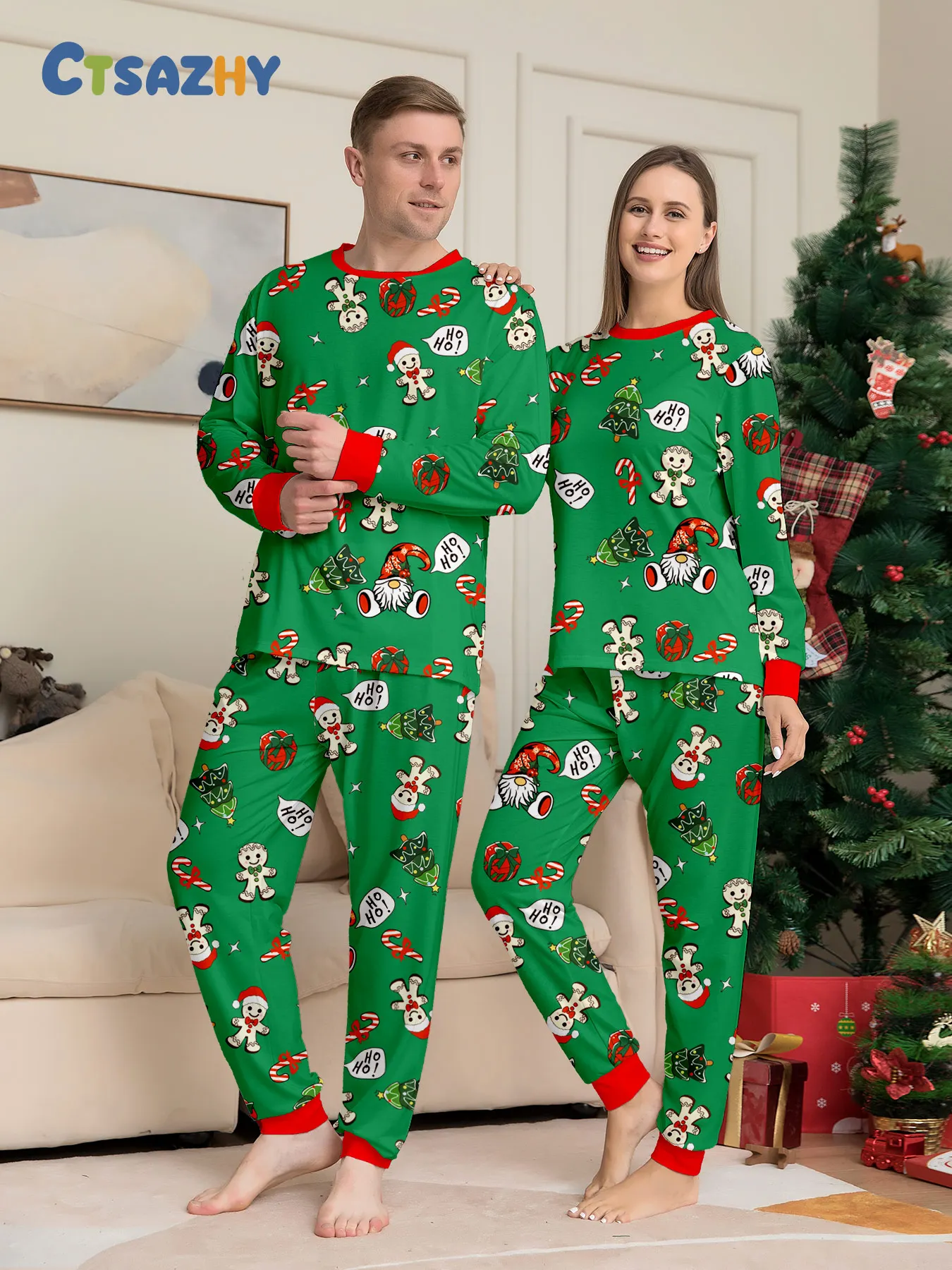 

Cozy Christmas Couple Pajamas: 'Ho Ho' & Gingerbread - Themed Green Tops + Red - Trimmed Pants