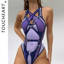 Toucheart 2-Piece Interesting Underwear Sexy Women's Mesh See-through Contrast Color Halterneck Jumpsuit Sexy Underwear Suit New