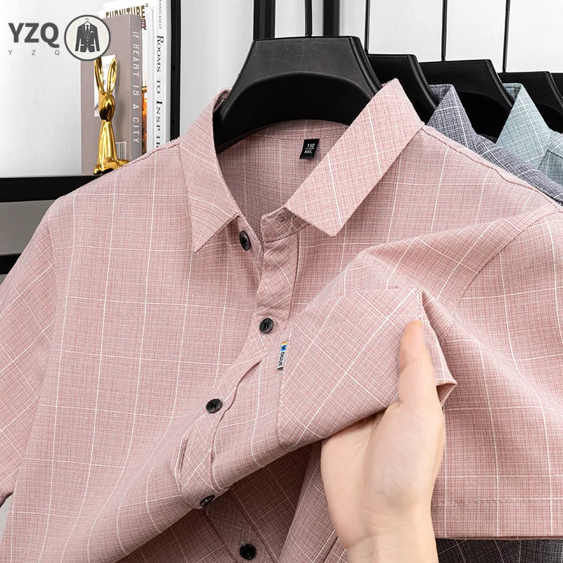 

Mens Lightweight Plaid Pattern Short Sleeve Shirt Formal Casual Tops For Office Work And Men Daily Use