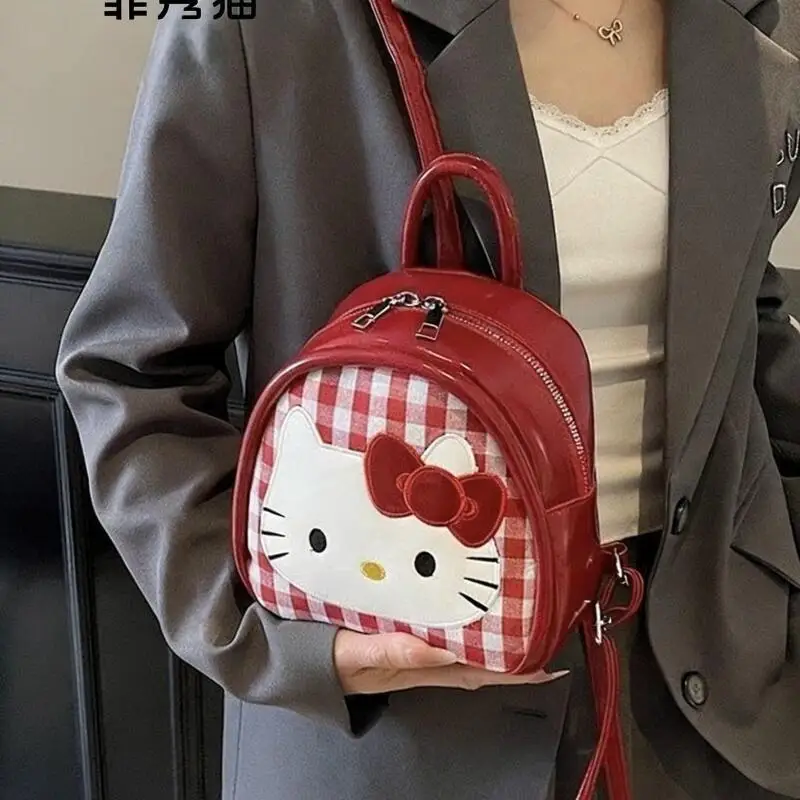 20Cm Sanrio Hello Kitty Red Grid Pattern Pu Leather Backpack Single Layer Zipper Large Capacity Storage Travel Girl Holiday Gift view 5