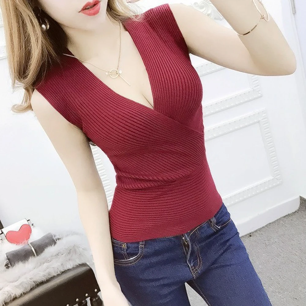 Black Pink Purple Elegant Knitted Tanks Tops Woman Sleeveless Knit T Shirt Vest Sweater Girl Slim V-Neck Blouse Women Clothes