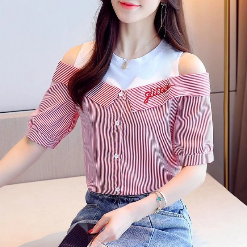 2024 Summer New Fashion Off Shoulder Fake Two Piece Shirt Women\'s Striped Tank Top Short Sleeve Shirt Fashion Casual Letter Top