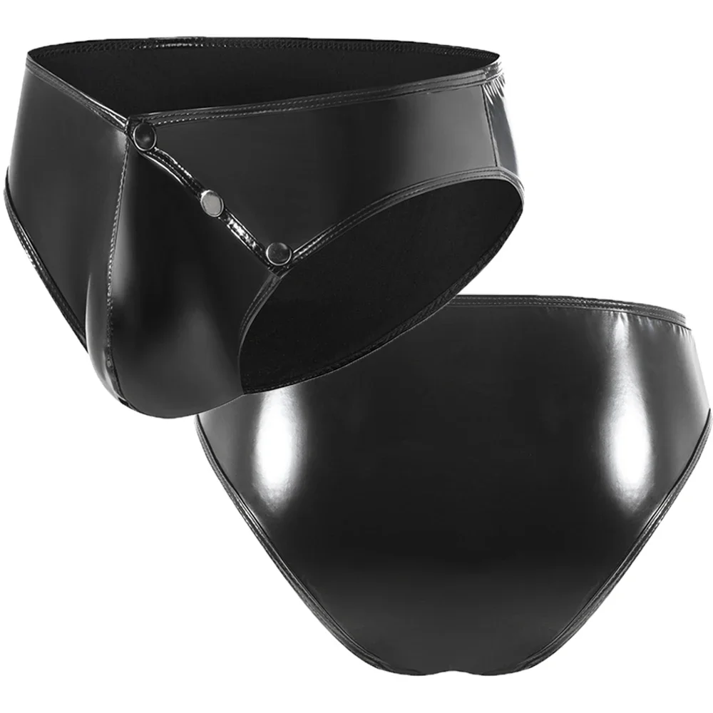 Mens Sexy Underwear with Press Button Big Penis Pouch Erotic Faux Leather Briefs Open Crotch Pouch Male Panties Gay Underpants