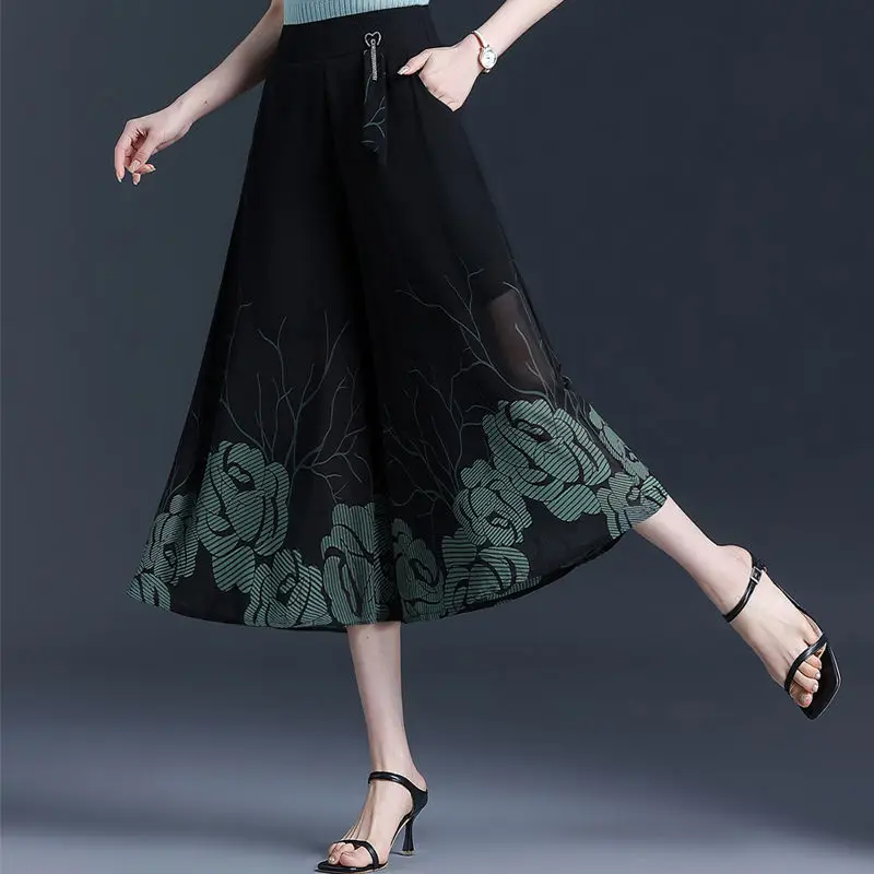 Chiffon kuitlengte broek zomer dunne hoge taille losse casual afdrukken wijde pijpen broek dameskleding all-match zakbroek