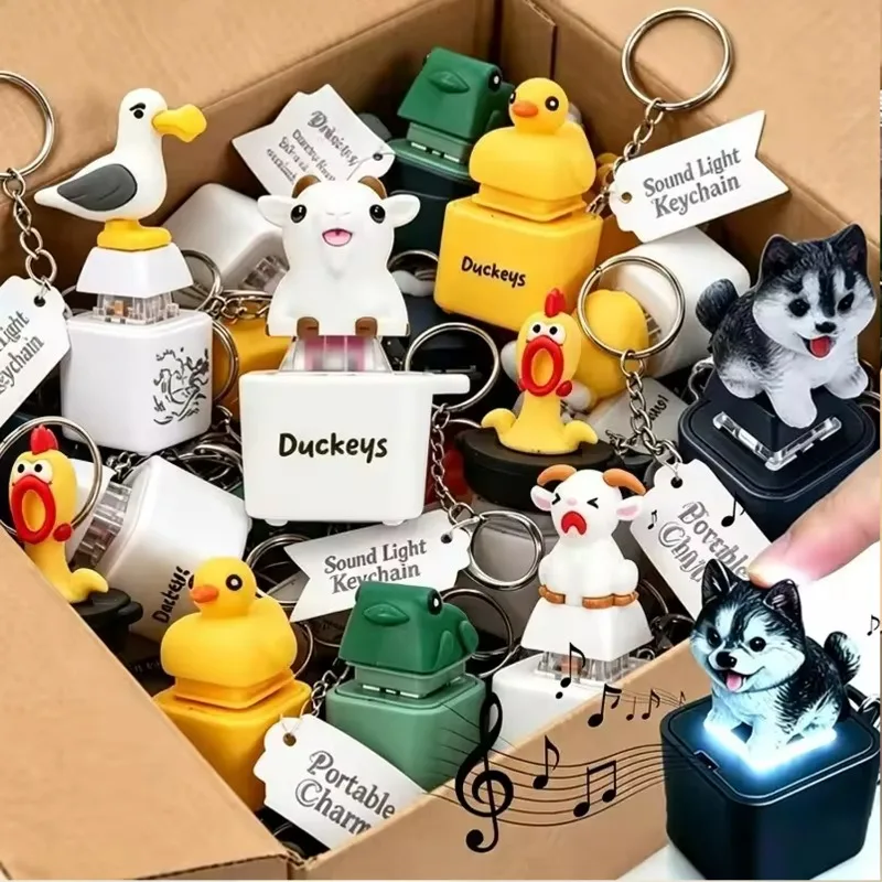 16types Cartoon Animal Button Keychain Portable-Clicky LED-Glowing Sounding Keyring for Adults Anti-Stress Rechargeable Keyring