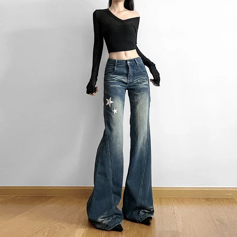 Millennium Style Star Patch Embroidered Split Distressed Jeans for Women's Loose and Slightly Flared Long Pants