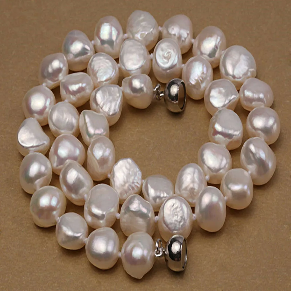 

Hand knotted necklace natural 9-10mm white freshwater pearl sweater chain baroque pearl 45cm