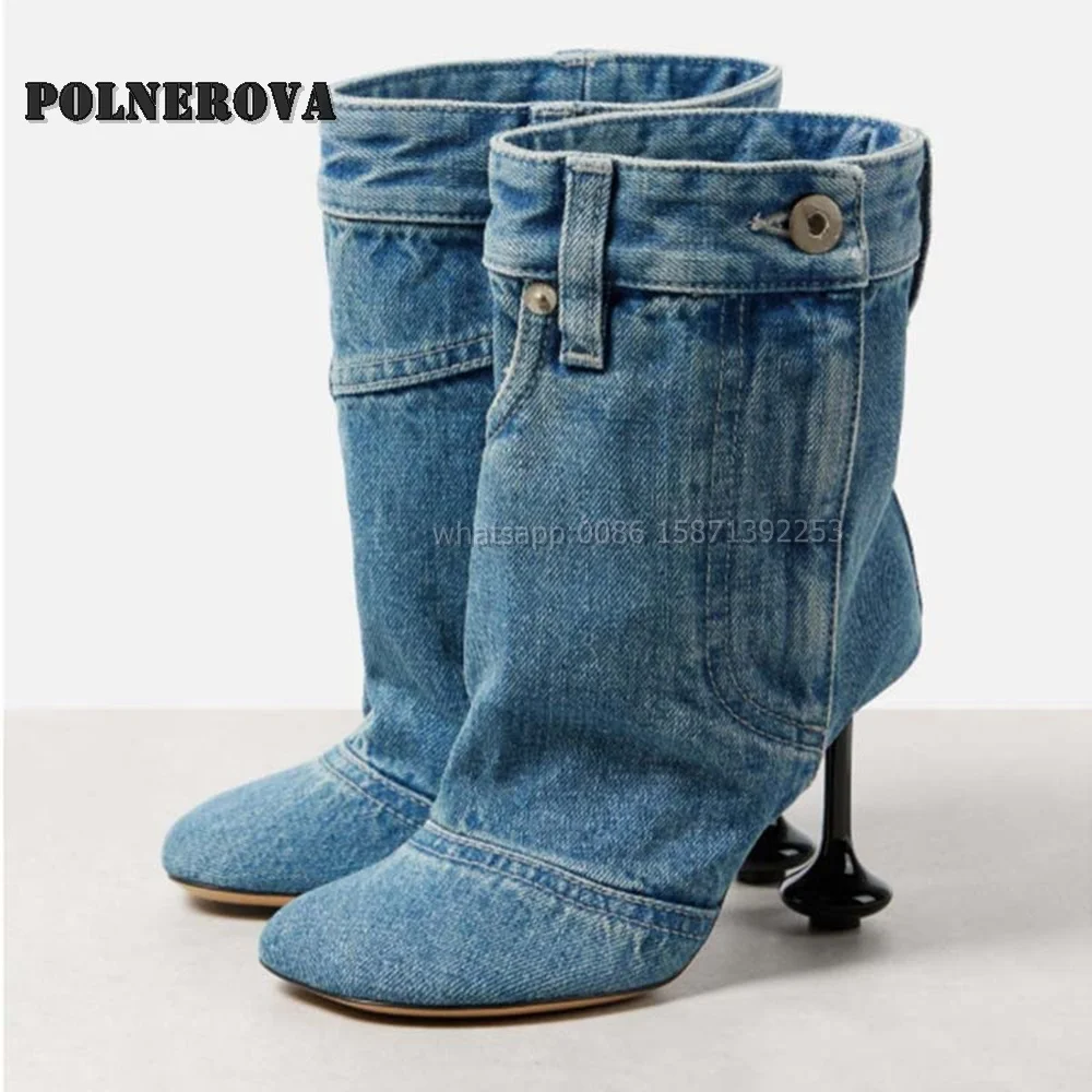 

Denim Strange Style Ankle Boots Big Size Slip On Runway Show Shoes 2024 Trend Round Toe Patchwork Button Decor Solid Women Booty