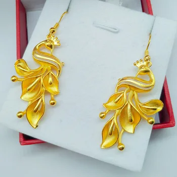 High quality 999 gold Phoenix earrings 24K peacock earrings Tassel luxury quality jewelry Joyria women