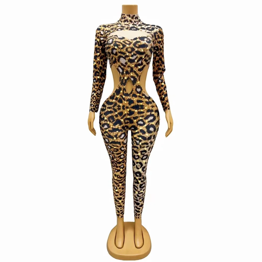 

Women Sexy High Stretch Long Sleeves Leopard Jumpsuit Diamond Evening Party Nightclub DJ Female Singer Stage Performance Costume