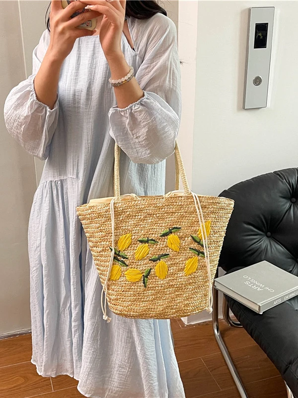 

Сумка ручной работы с вышивкой лимона Beach Vaion Sle, большая ручная тканая сумка Capaci для летних повседневных сценариев