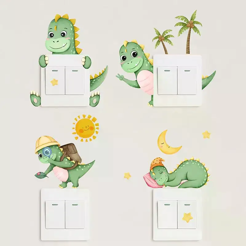 Glow-in-the-dark Dinosaur, Sun, And Moon Light Switch Stickers For Bedroom And Living Room Decorative Walls.